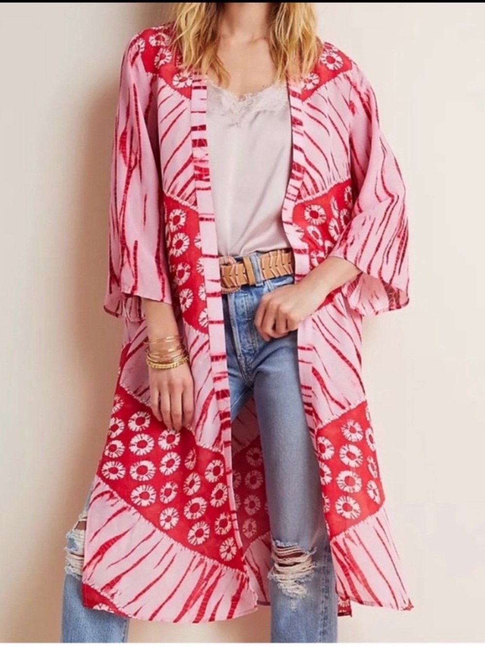 Anthropologie Pink and Red Lia Shibori Coverup Kimono one size NEW NWOT